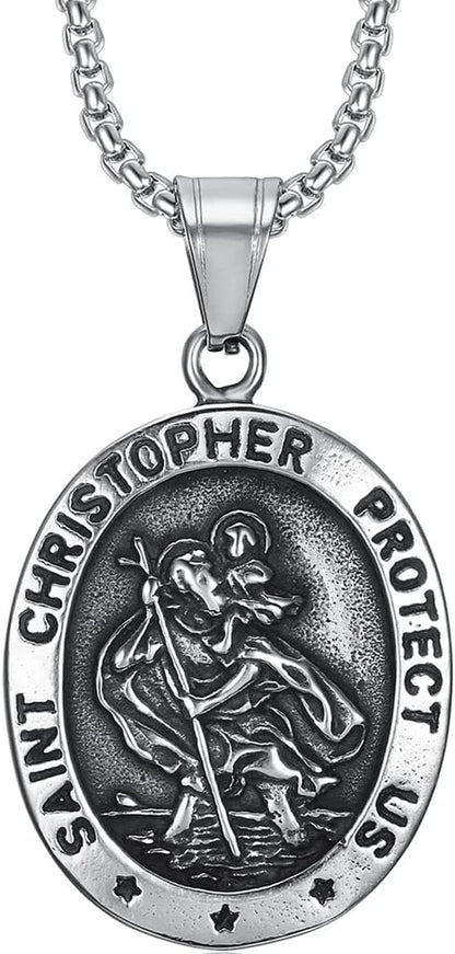 Retro Vintage Stainless Steel Saint Christopher Protect Us Holy Cross Religious Pendant Necklace