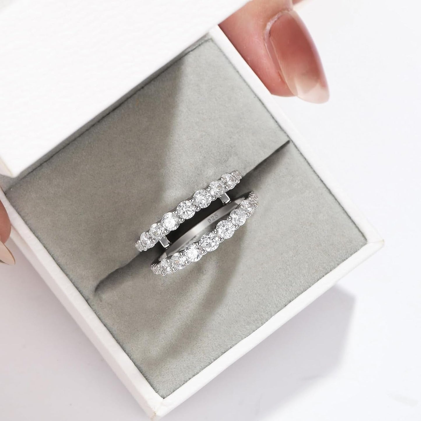 Ring Enhancer for Engagement Rings Two Row Sterling Silver Wedding Bands for Women Stackable Cubic Zirconia