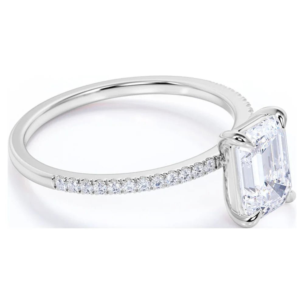 1.75 Carat Emerald Cut Moissanite and Diamond Pave Engagement Ring in 10K White Gold
