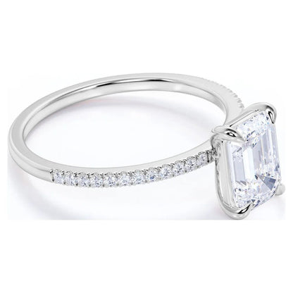 1.75 Carat Emerald Cut Moissanite and Diamond Pave Engagement Ring in 10K White Gold