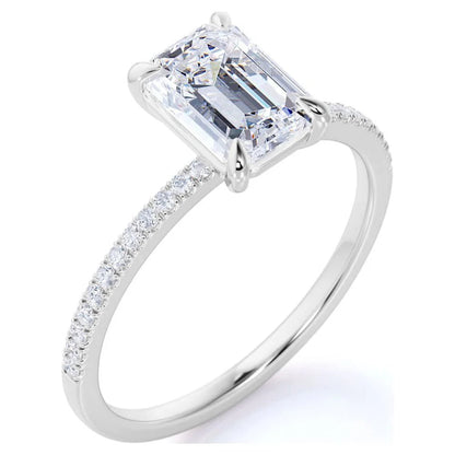 1.75 Carat Emerald Cut Moissanite and Diamond Pave Engagement Ring in 10K White Gold