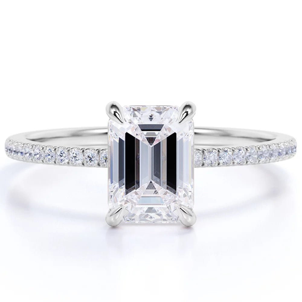 1.75 Carat Emerald Cut Moissanite and Diamond Pave Engagement Ring in 10K White Gold - WORLD TIME VISITS