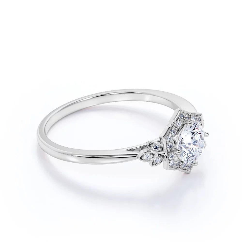 1.75 Carat round Cut Moissanite and Diamond Vintage Art-Deco Engagement Ring in 10K White Gold