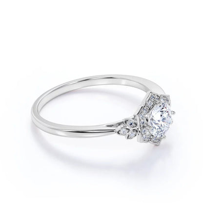 1.75 Carat round Cut Moissanite and Diamond Vintage Art-Deco Engagement Ring in 10K White Gold