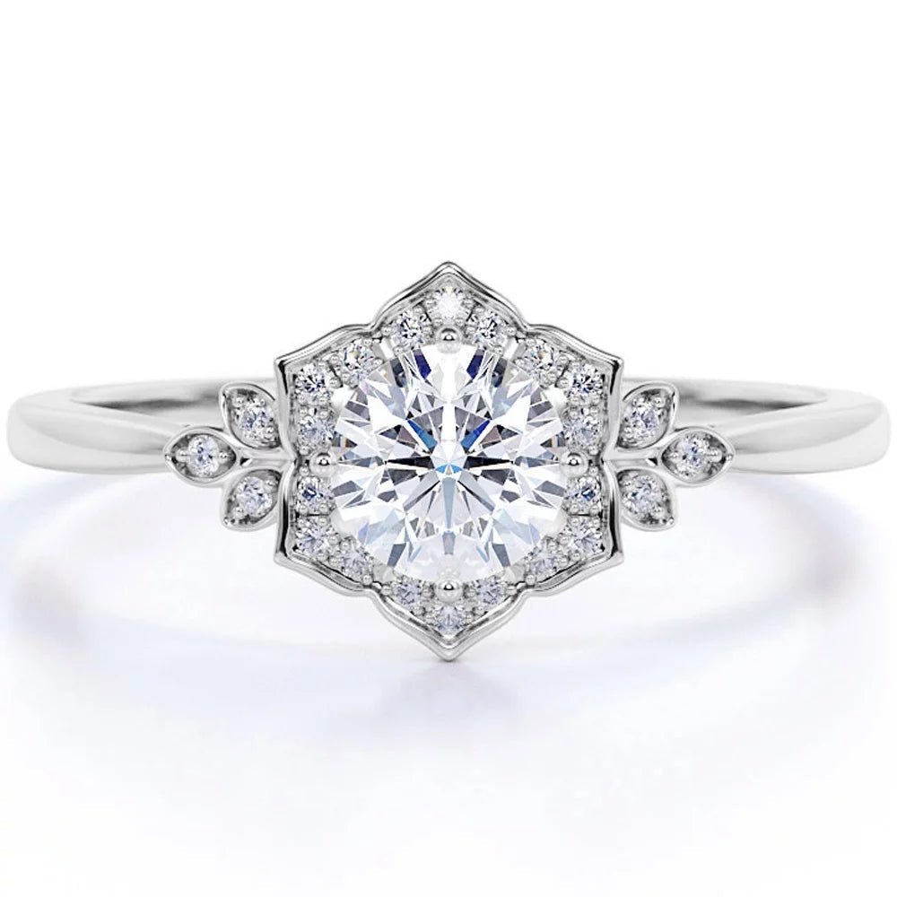 1.75 Carat round Cut Moissanite and Diamond Vintage Art - Deco Engagement Ring in 10K White Gold - WORLD TIME VISITS