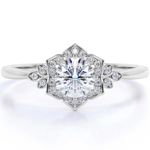 1.75 Carat round Cut Moissanite and Diamond Vintage Art-Deco Engagement Ring in 10K White Gold