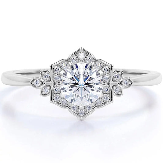 1.75 Carat round Cut Moissanite and Diamond Vintage Art - Deco Engagement Ring in 10K White Gold - WORLD TIME VISITS