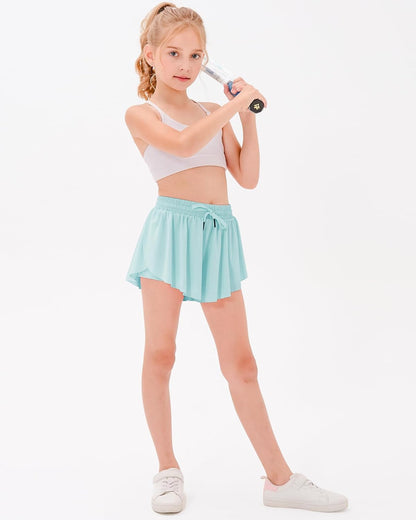Girls Flowy Shorts with Pockets Athletic Running Skirt High Waist Butterfly 2 in 1 Sports Short 5-16 Years