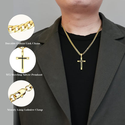 925 Sterling Silver Cross Necklace for Men Women，Black Cross Necklaces with 4.5MM Durable Stainless Steel Cuban Link Curb Chain，18K Gold over Real Silver Cross Pendant Necklace 16-28 Inches - WORLD TIME VISITS