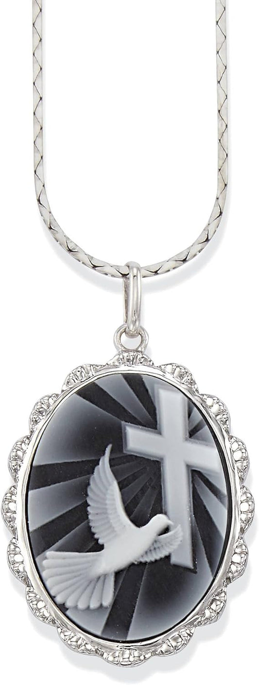 Dove with Cross Cameo Pendant | 925 Sterling Silver | Religious Jewelry | 24'' Chain | Gift Boxed, Silver, White - WORLD TIME VISITS