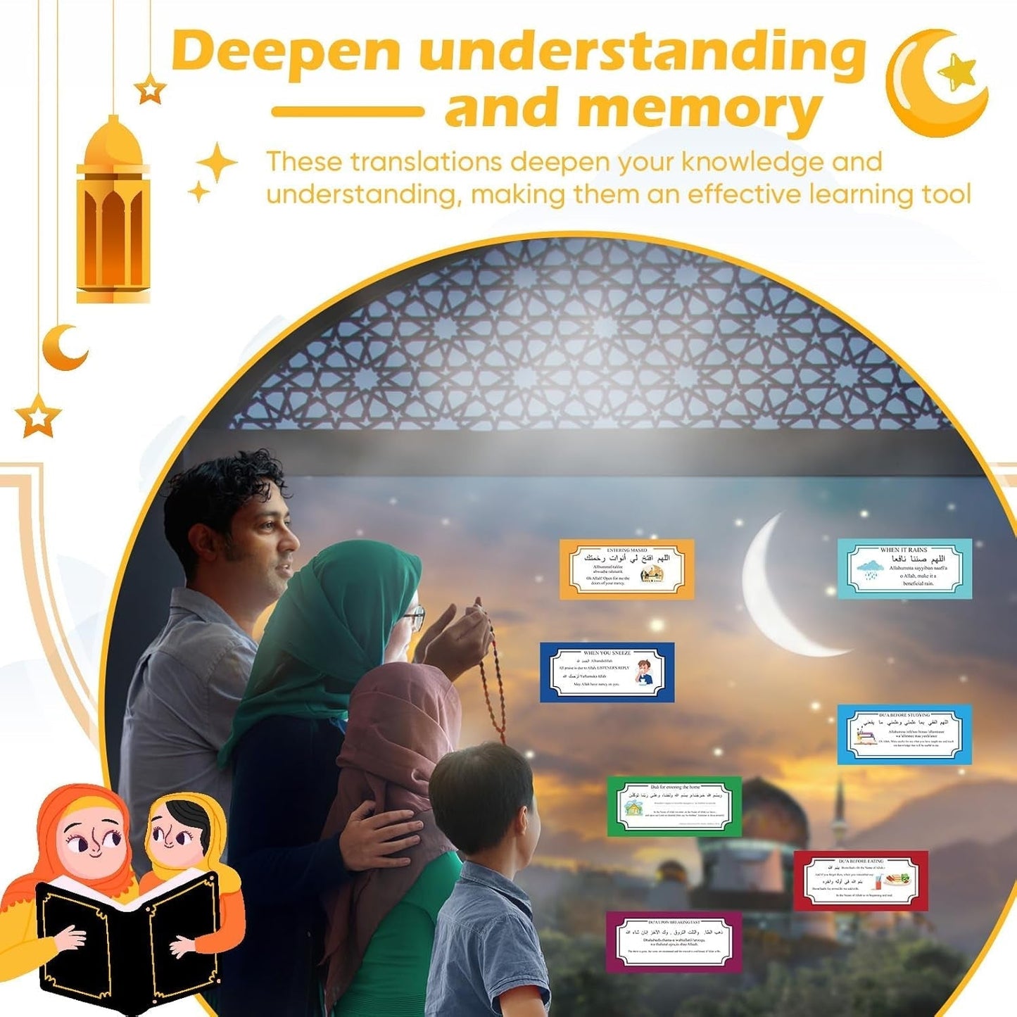 24 Pcs Muslim Stickers Gifts for Muslim Kids, Removable DIY Family Dua Sticker Decal Wall Mural Islamic Arabic Quotes Letters Teaching Education Stuff Wall Sticker, 7.87 X 3.54 Inches