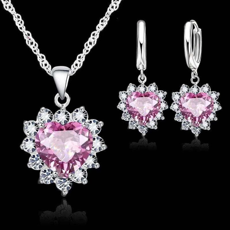 Trendy 925 Sterling Silver Jewelry Set for Women Heart CZ Stone Charm Pendants Necklaces Earrings LOVE Anniversary Gift - WORLD TIME VISITS