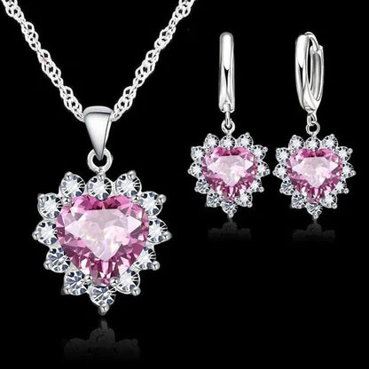 Trendy 925 Sterling Silver Jewelry Set for Women Heart CZ Stone Charm Pendants Necklaces Earrings LOVE Anniversary Gift - WORLD TIME VISITS