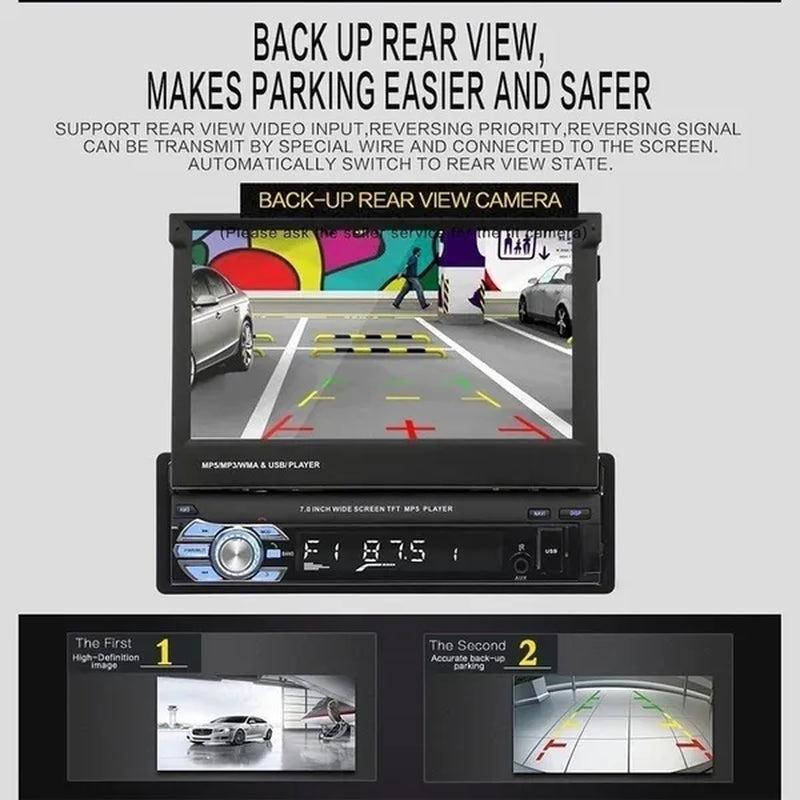 7Inch HD Retractable Touch Screen 1Din Car Stereo Audio Bluetooth Car Radio FM USB Support Mirror Link and Backup Camera(Optional)