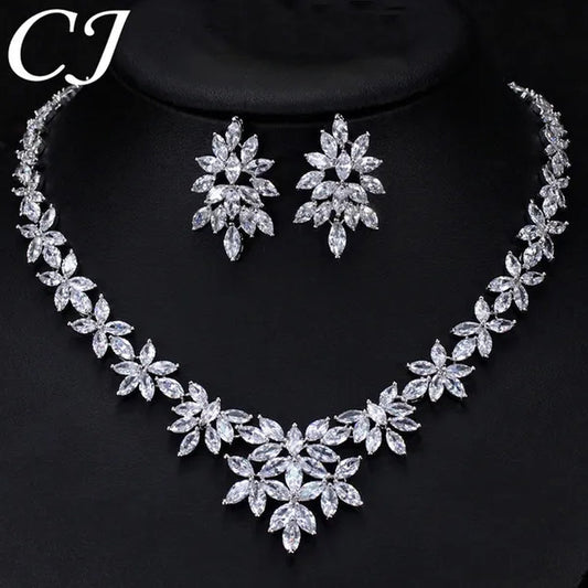 CANDICE High Quality White Gold Plated Wedding Jewelry Set Pave Luxury CZ Stone African Nigerian Big Flower Dangle Earrings Necklace for Bride - WORLD TIME VISITS
