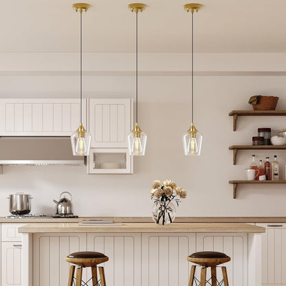 Pendant Light Kitchen Island, Brushed Gold Pendant Light Fixture with E26 Base & Adjustable Cable, Modern Pendant Lighting with Glass Shade for Living Room Bedroom Hallway