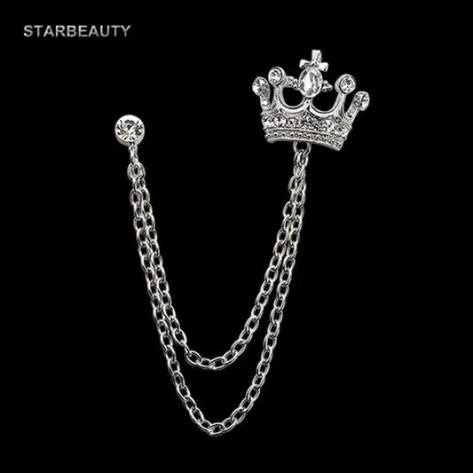 Classic European Crown Brooch Lapel Pin Men Suit Boutonniere Badge Brooches for Men Women Broches Chain Tassel Lapel Pins Gift