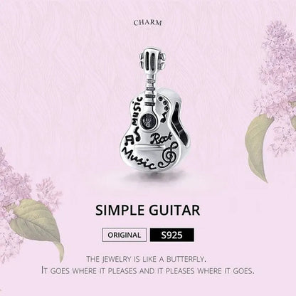 Fashion 925 Sterling Silver Simple Guitar Charm Fit Original Bracelet Diy