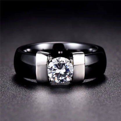 Fashion Male And Female Anti Allergy Black White Ceramic Ring Silver Gold Color  Diamond Solitare Ring Wedding Rings For Couple