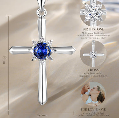 Birthstone Cross Necklace for Women Sterling Silver Birthstone Necklace Halo Infinity Cross Pendant Necklace Fine Jewelry Valentines Day Gifts Birthday Holiday Gifts for Her, 16"+2" Inches