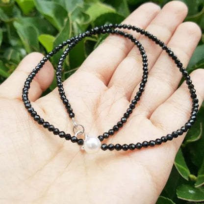Real Black Spinel 2Mm&Freshwater Pearl Choker Necklace 925 Sterling Silver 17.5Inch