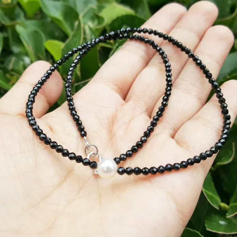 Real Black Spinel 2Mm&Freshwater Pearl Choker Necklace 925 Sterling Silver 17.5Inch
