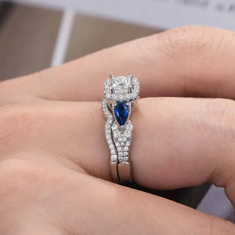 Newshe Wedding Ring Sets For Women Princess Pear Blue Sapphire Engagement Rings Bridal Jewelry 925 Sterling Silver Sz 5-12