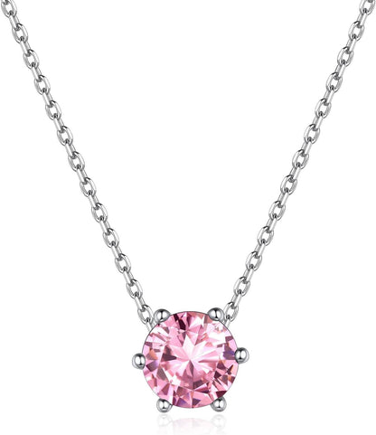 925 Sterling Silver 12 Months Sparkling round Cut Created Birthstone Pendant Necklace, 16 Inch Rolo Chain (With Gift Box)
