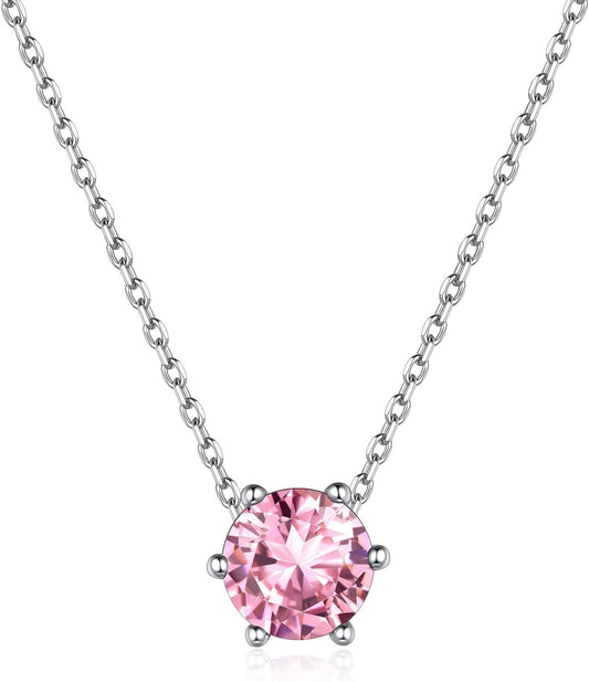 925 Sterling Silver 12 Months Sparkling round Cut Created Birthstone Pendant Necklace, 16 Inch Rolo Chain (With Gift Box)