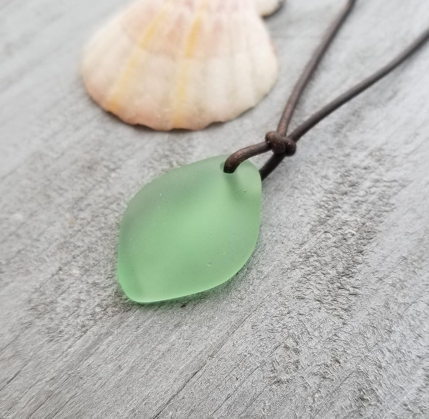 Handmade Leather Cord Puff Sea Glass Necklace, Unisex Jewelry, (Hawaii Gift Wrapped, Customizable Gift Message)… (Peridot - August)