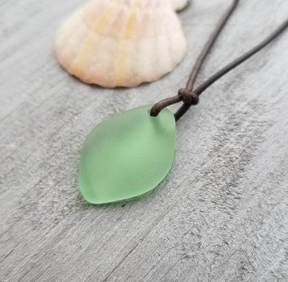 Handmade Leather Cord Puff Sea Glass Necklace, Unisex Jewelry, (Hawaii Gift Wrapped, Customizable Gift Message)… (Peridot - August)