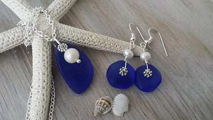 September Birthstone, Cobalt Blue Sea Glass Necklace+Earrings Set, Natural Pearl, Sea Glass Earrings, (Hawaii Gift Wrapped, Customizable Gift Message)