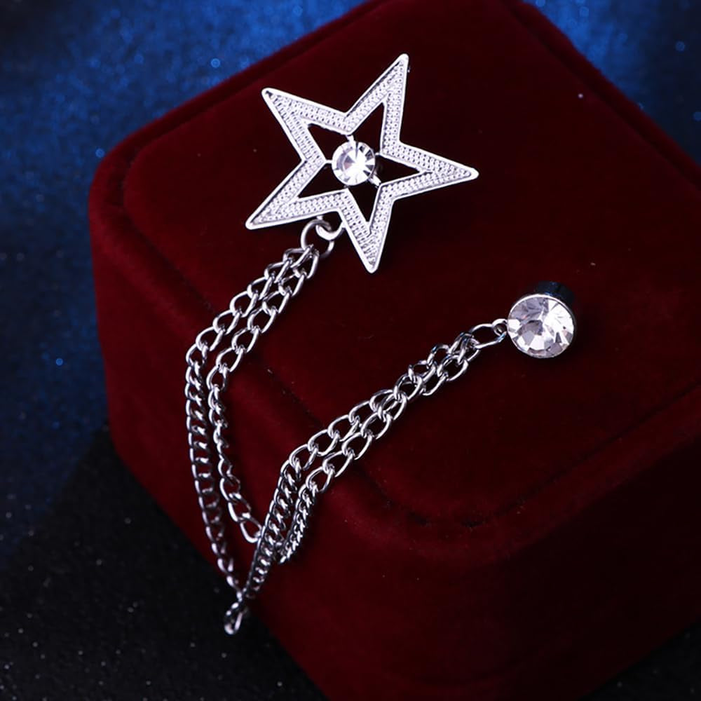 Vintage Star Long Chain Lapel Brooch Pin with Hanging Tassel Rhinestone CZ Button Pins for Women Men Suit Dress Tuxedo Tie Shirt Jacket Backpack Jewelry Gifts for Bridegroom