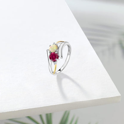 925 Sterling Silver & 10K Yellow Gold round Cabochon White Ethiopian Opal Red Created Ruby & Lab Grown Diamond Women Ring (1.32 Cttw, Available in Size 5, 6, 7, 8, 9)