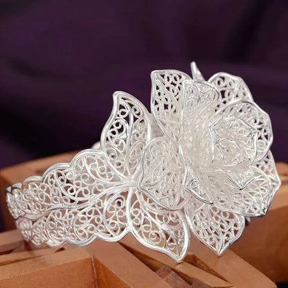 Exquisite 925 Sterling Silver Hollow Filigree Blooming Rose Flower Open Bangle Bracelet Charm Jewelry Gift