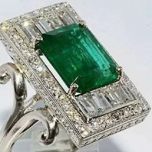 Large 925 Sterling Silver Natural Gemstone Emerald Diamond Brand Ring Gifts Jewelry