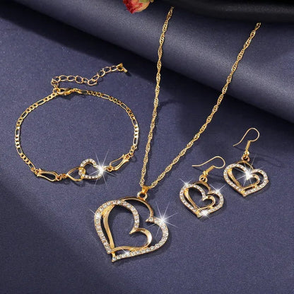 Classic Diamond Crystal Heart Pendant Necklace and Earrings Set Wedding Party Jewelry Set for Women