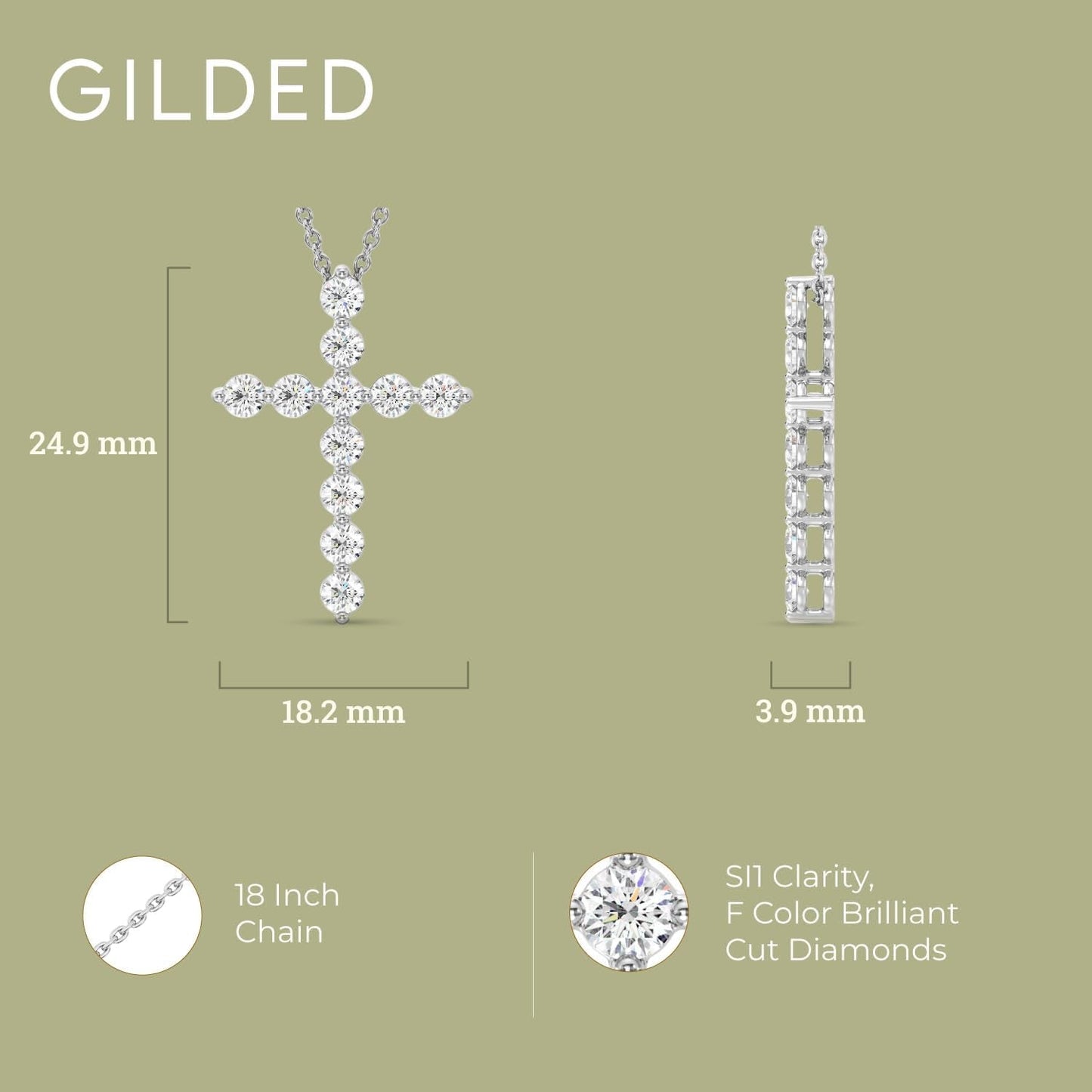 1 Ct. T.W. Lab Grown Diamond (SI1 Clarity, F Color) and Sterling Silver & 14KT Gold Plated Silver Cross Pendant with an 18 Inch Spring Ring Clasp Cable Chain