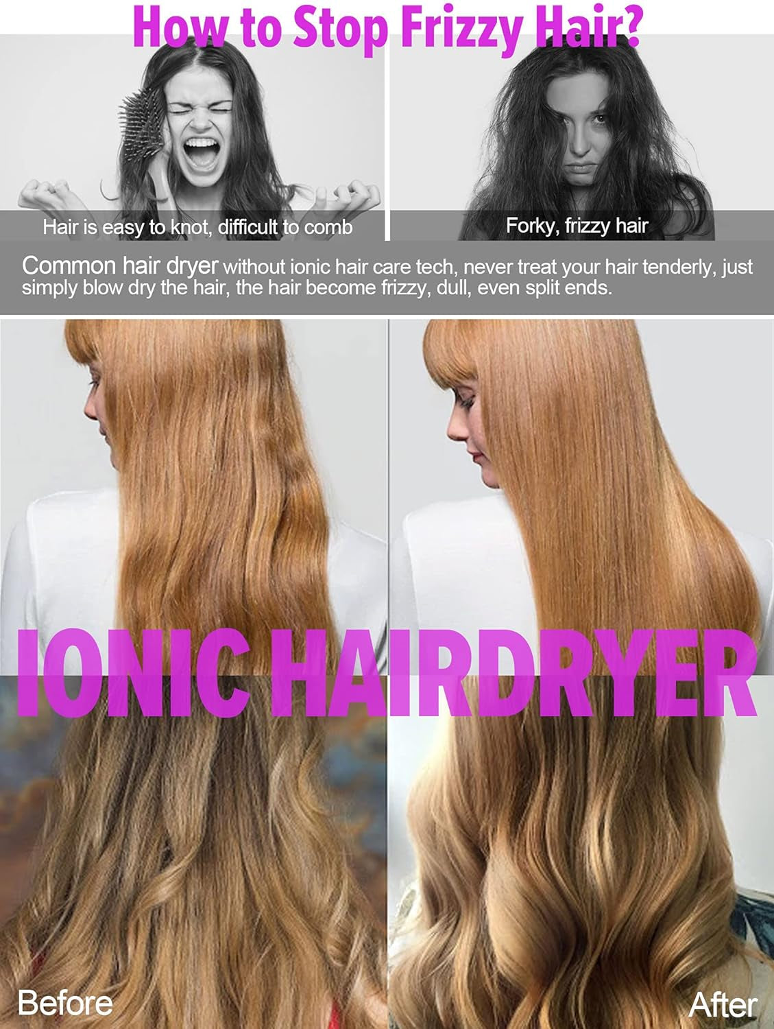 Ionic Hair Dryer, Professional Hair Blow Dryer Hot/Cold Air, 1800W Powerful AC Motor, Negative Ion Hairdryer Fast Drying, 2 Speed/3 Heating with 2 Nozzles&1 Diffuser, for Women Men Kids Salon Travel