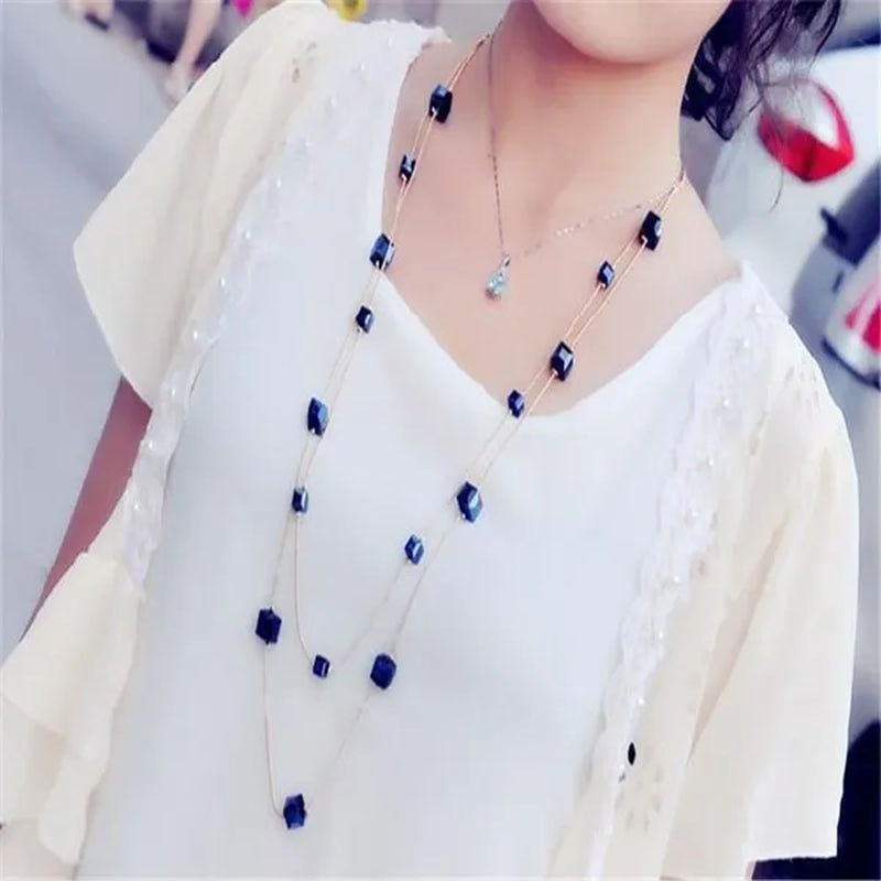 Women'S Square Long Chain Sweater Necklace Fashion Double Long Tassel Necklace - WORLD TIME VISITS