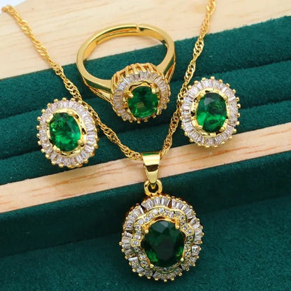 New Arrivals Gold Color Jewelry Sets For Women Wedding Green Zircon Bracelet Earrings Necklace Pendant Open Ring 4PCS
