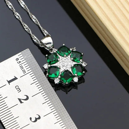 Flower Shaped 925 Silver Jewelry Green Emerald White Crystal Jewelry Sets Women Earrings/Pendant/Necklace/Rings/Bracelet