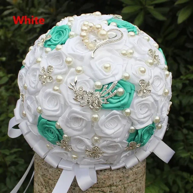 18CM Crystal Wedding Bouquets 100% Handmade Durable Holding Artificial Flowers Diamond Brooch Pearl Bridal Bouquets - WORLD TIME VISITS