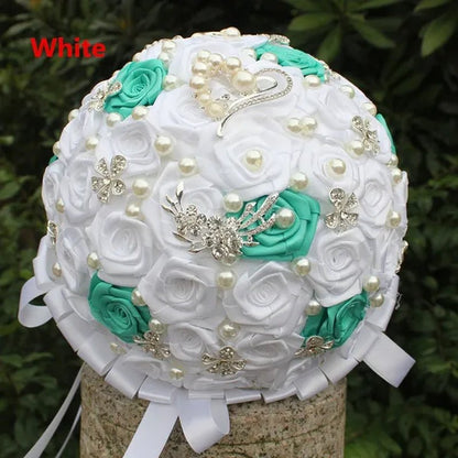 18CM Crystal Wedding Bouquets 100% Handmade Durable Holding Artificial Flowers Diamond Brooch Pearl Bridal Bouquets - WORLD TIME VISITS