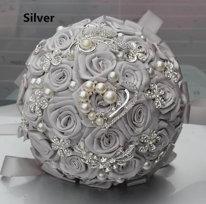 18CM Crystal Wedding Bouquets 100% Handmade Durable Holding Artificial Flowers Diamond Brooch Pearl Bridal Bouquets - WORLD TIME VISITS