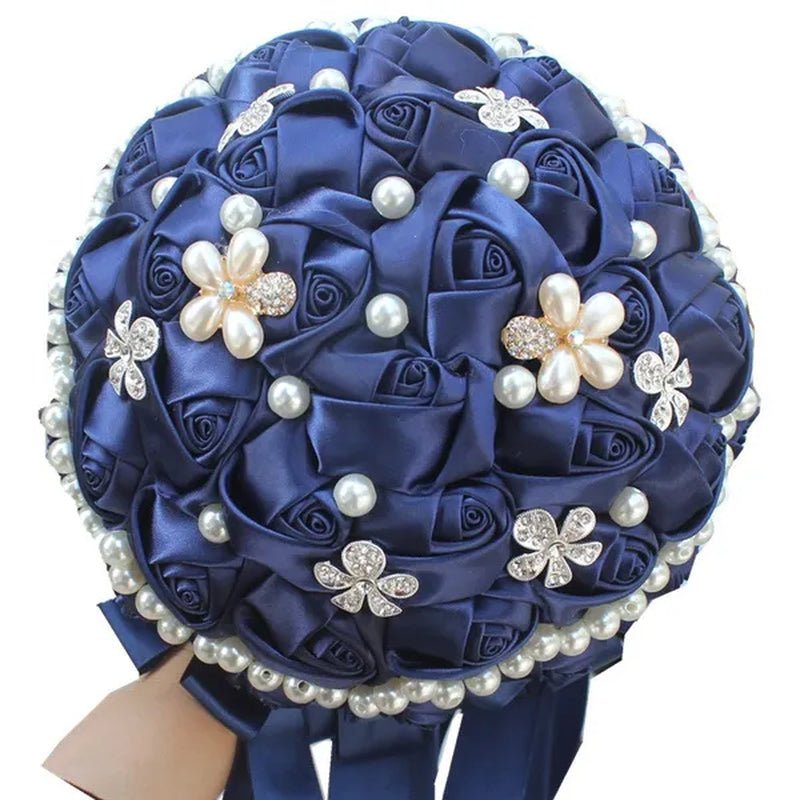18CM Dark Blue Wedding Bouquet Pearl Diamond Brooch Bride Holding Flowers Artificial Silk Rose Bridesmaid Flower Bouquet Fake Flower - WORLD TIME VISITS