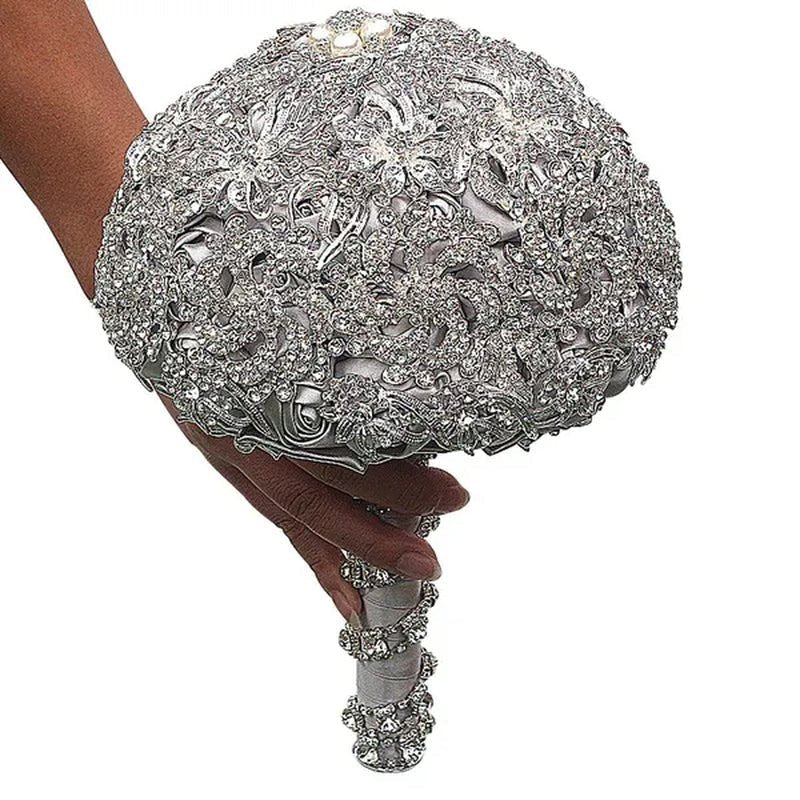 18CM Luxurious Shiny Full Diamonds Brooch Bouquet Silver Rhinestone Bridal Bouquet Ribbon Satin Rose Wedding Bride Holding Flowers - WORLD TIME VISITS