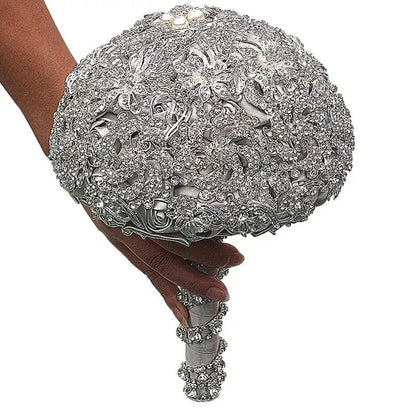 18CM Luxurious Shiny Full Diamonds Brooch Bouquet Silver Rhinestone Bridal Bouquet Ribbon Satin Rose Wedding Bride Holding Flowers - WORLD TIME VISITS