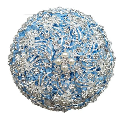 18CM Luxurious Shiny Full Diamonds Brooch Bouquet Silver Rhinestone Bridal Bouquet Ribbon Satin Rose Wedding Bride Holding Flowers
