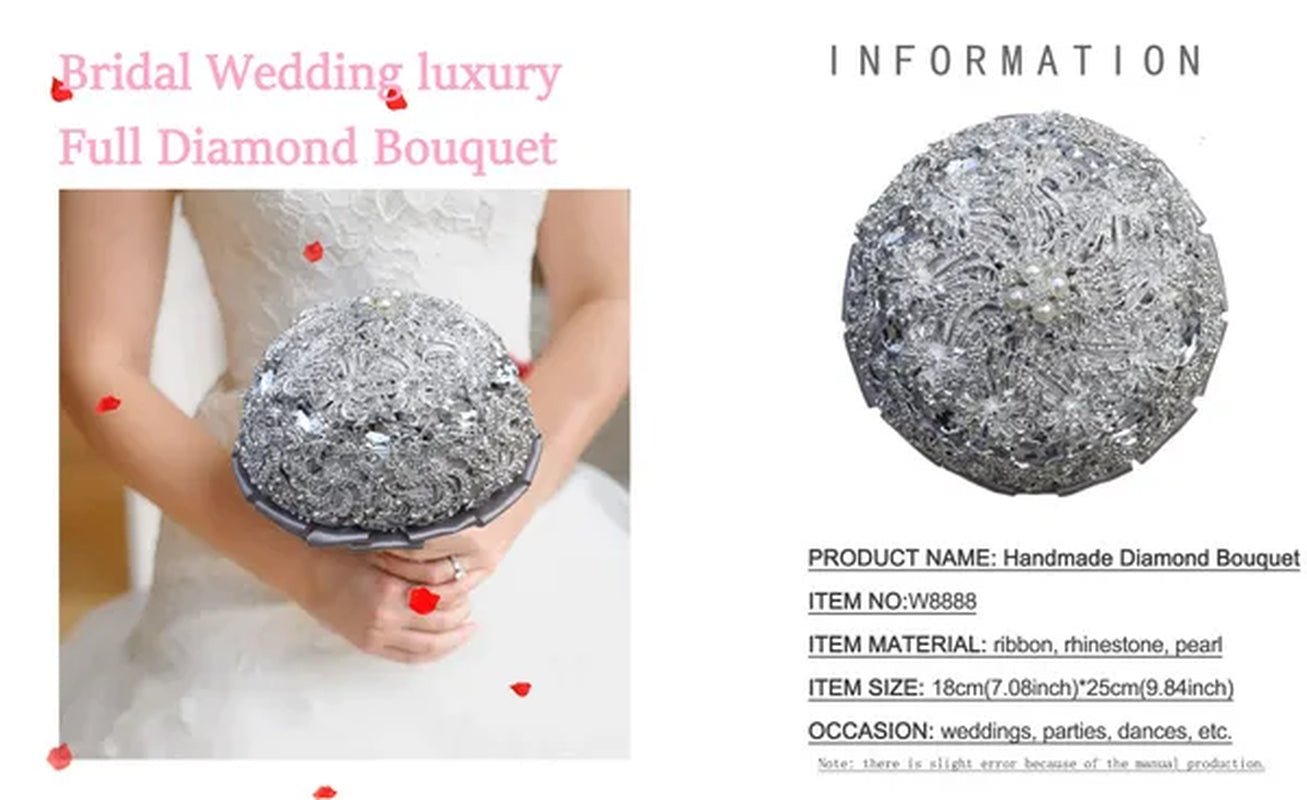 18CM Luxurious Shiny Full Diamonds Brooch Bouquet Silver Rhinestone Bridal Bouquet Ribbon Satin Rose Wedding Bride Holding Flowers